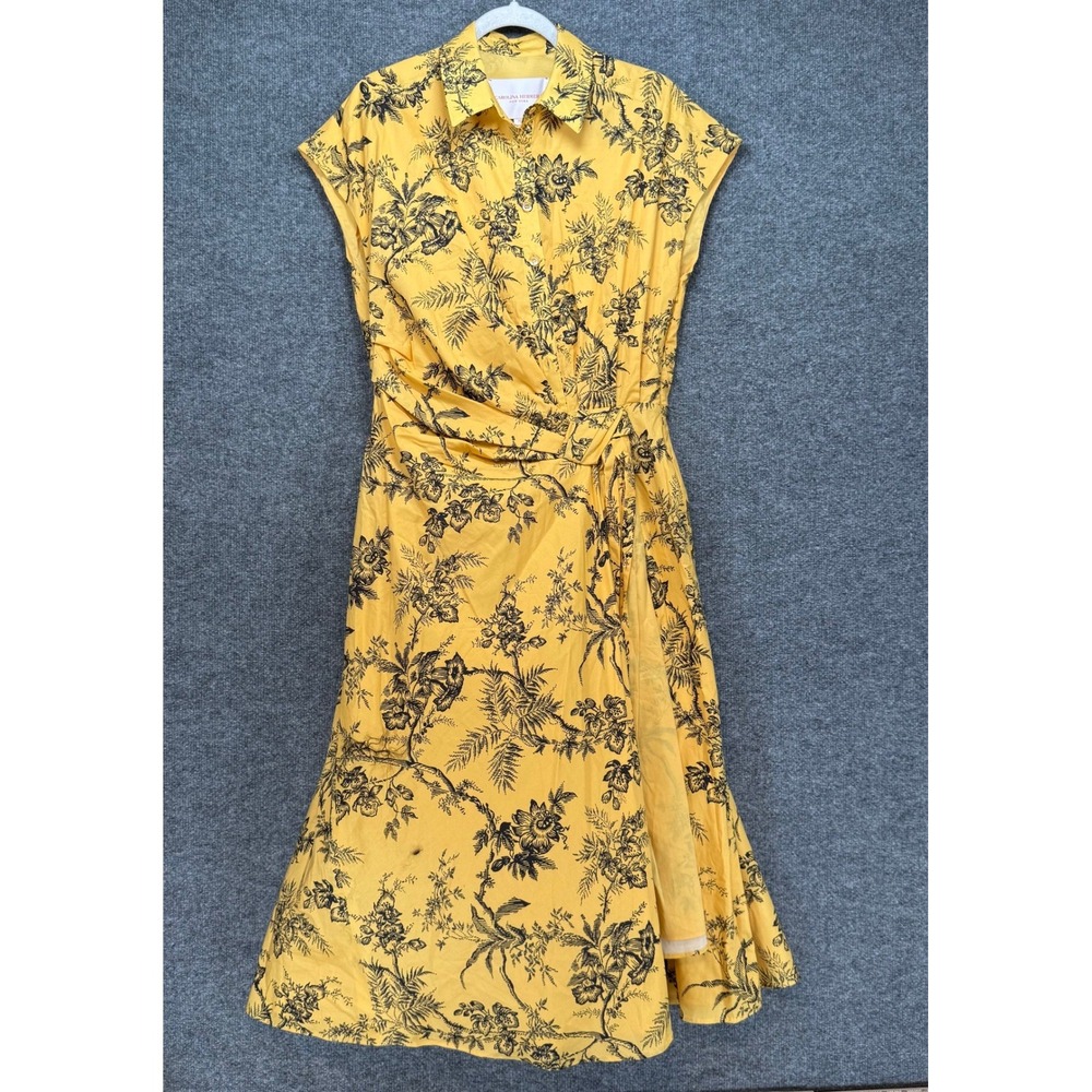 Carolina Herrera Shirtdress Womens 10‎ Yellow Floral Wrap Waist Midi Designer